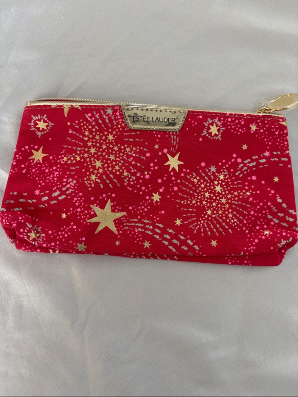 NWT Estee Lauder Red Cosmetic Pouch with Gold Starburst Accents